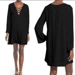 Astr The Label Lace-Up Bell Sleeve Shift Dress Black Mini Dress Size Medium E4